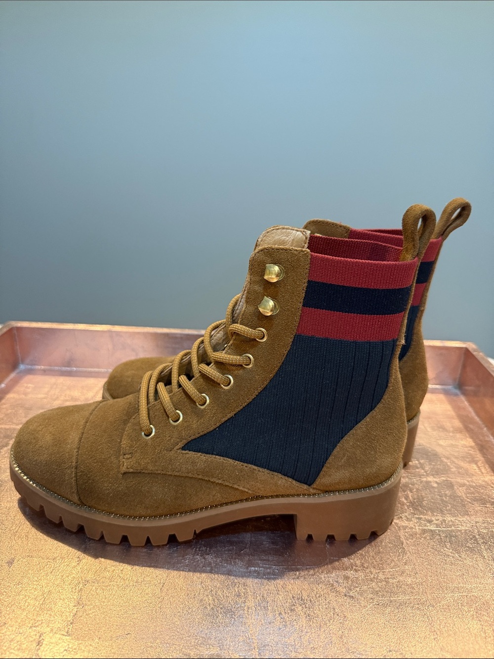 CECILIA NEW YORK Brown Suede Lace-Up Ankle Boots with Black Knit and Red Stripe